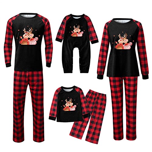 Zilosconcy Conjunto de pijama de Navidad para hombre y mujer, largo, cuello redondo, manga larga, pijama de Navidad, diseño de ciervo, a cuadros, O, S