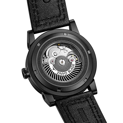 ZINVO Blade Phantom - Reloj de pulsera para hombre con movimiento automático, correa de piel negra y caja de acero inoxidable negro mate