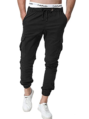 ZOEREA Pantalones Hombre Casuales Deporte Elásticos Joggers Largos Pants con Bolsillos Algodón Slim Fit Cargo Trouser de Hombres Negro, L