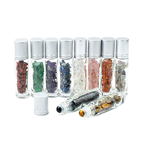 10 Pack,Botellas Roll On Cristal para Aceites Esenciales,10ml Botella de Vidrio Botellas de Rodillos con Grava de Cristal,para Aceites Esenciales, Masajes, Aromaterapia