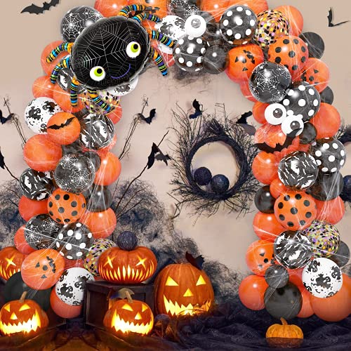 125 Piezas Guirnalda de Globos de Halloween Globos Confeti de Látex Negros Naranjas Telaraña Murciélago Calabaza Fantasma Globos Decoración de Halloween para Niños Fondo de la Fiesta en el Aula