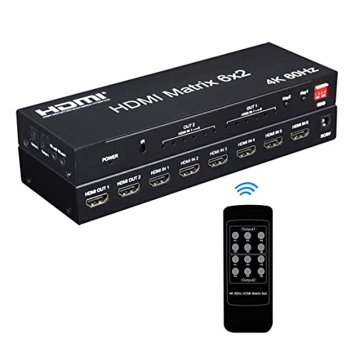 2.0 HDMI Matrix 6X2 4K @ 60Hz HDR Switch Splitter 6 Entradas 2 Salida RGB/YUV 4：4：4 Optical SPDIF y Salida Audio Jack 3.5 mm con Control Remoto