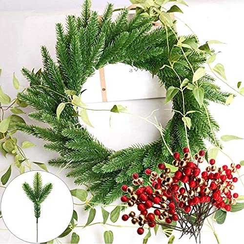 20 Piezas Ramas de Pino Artificiales + 20 Piezas Baya Roja Artificial,Ramas de Abeto Artificial Plástico,para decoración del hogar, decoración de Corona de Navidad