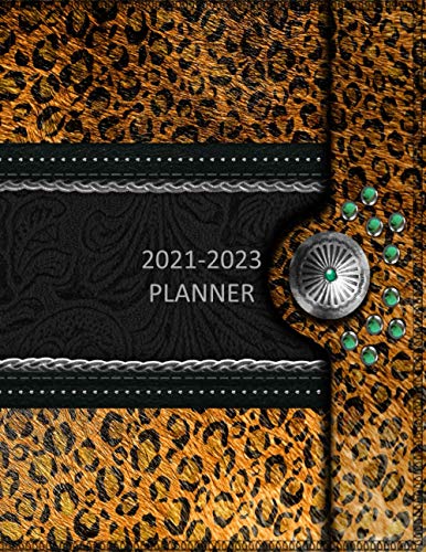 2021-2023 Planner: 3 Three Year Monthly Leopard Turquoise Silver Print Western Style Planner 8.5x11 With Contact List, Birthday Reminder, Password Log ... Ribbon Cover is Perfect for Women and Teens