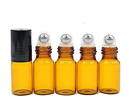 24 botellas de cristal ámbar de 5 ml para botellas recargables con rodillo de botellas tarro con bolas de acero inoxidable y tapas negras para aceite esencial aromaterapia perfumes