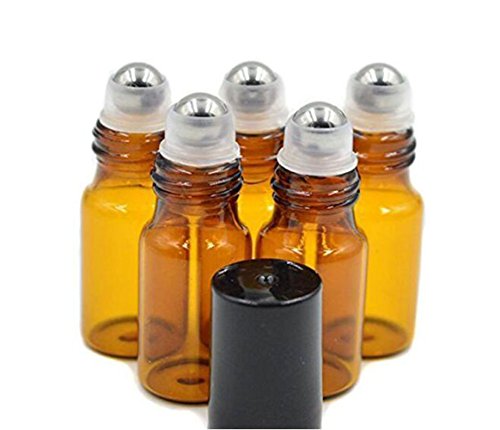 24 botellas de cristal ámbar de 5 ml para botellas recargables con rodillo de botellas tarro con bolas de acero inoxidable y tapas negras para aceite esencial aromaterapia perfumes