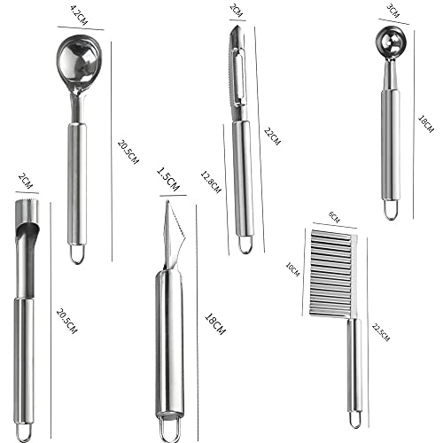 6 en 1 Acero Inoxidante Herramientas para Frutas, Cuchillo Tallado de Fruta, Cuchara de Excavación Bola, Pelador De Frutas, Descorazonador de Manzana, Cuchara de Helado, Cuchillo de patata ondulado