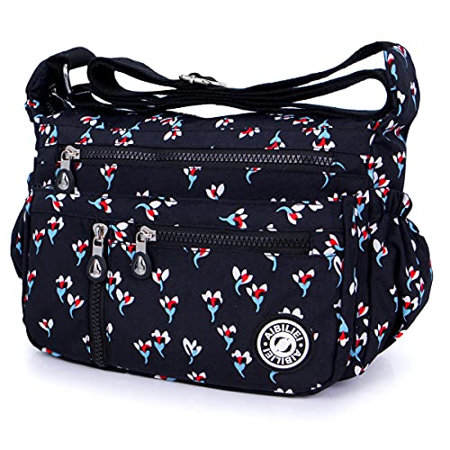 ABLE Mujer Bolsos de Moda Impermeable Mochilas Bolsas de Viaje Bolso Bandolera Sport Messenger Bag Bolsos Baratos Mano para Tablet Escolares Nylon (2-Negro(Flores))