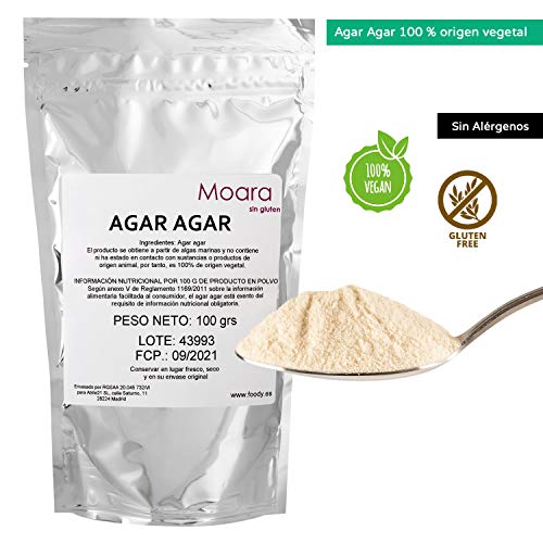 Agar agar en polvo - Ideal para cocinar, sustituto vegano de la gelatina - Producto natural 100g. Envase Doypack zip