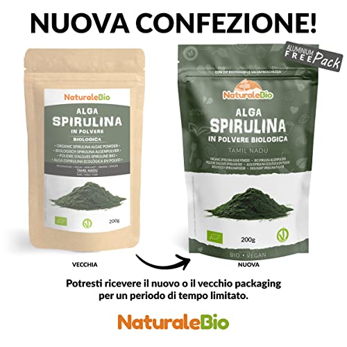 Alga Espirulina Ecológica En Polvo 200g. Orgánica, Natural y Pura, Cultivada en India en Tamil Nadu. Ideal en bebidas y batidos, o recetas. Apto para vegetarianos y veganos. NaturaleBio