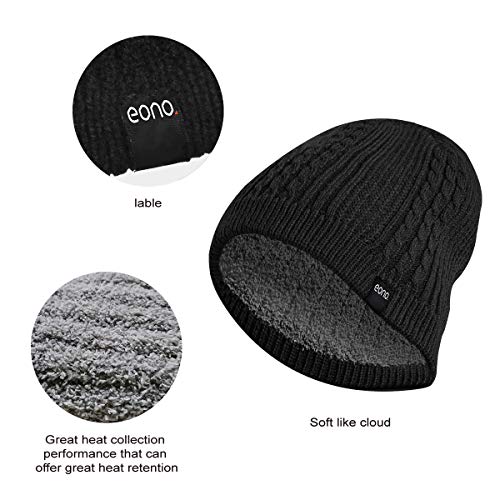 Amazon Brand - Eono Gorro de Punto Invierno para Hombres y Mujeres Beanie Unisex Gorro de Invierno Suave y Cálido (Negro Forro Polar)