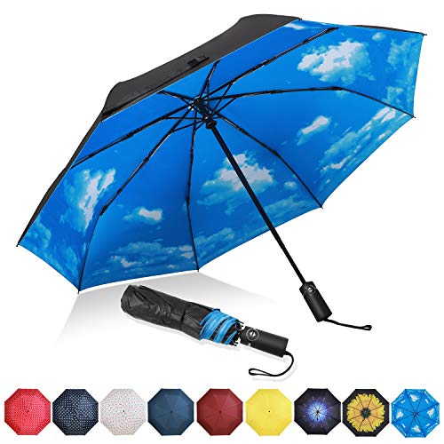 Amazon Brand - Eono Paraguas Plegable Automático Impermeable, Paraguas de Viaje a Prueba de Viento, Folding Umbrella, Recubrimiento de Teflón&Dosel Reforzado, Mango Ergonómico - Cielo