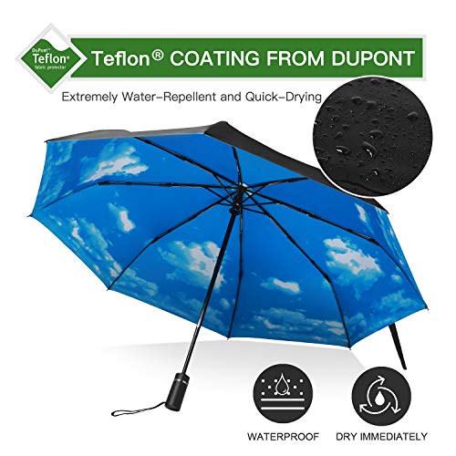 Amazon Brand - Eono Paraguas Plegable Automático Impermeable, Paraguas de Viaje a Prueba de Viento, Folding Umbrella, Recubrimiento de Teflón&Dosel Reforzado, Mango Ergonómico - Cielo