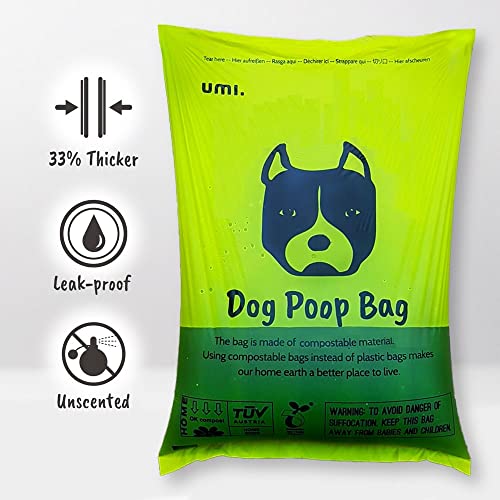 Amazon Brand - Umi Bolsas para Excrementos de Perro Biodegradables - Origen Vegetal, Compostaje Casero, Sin Microplásticos, Sin Perfumes y Resistentes a Fugas - 23 x 33 cm, 120 con Porta Bolsas