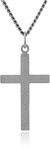 Amazon Collection Cruz pulida de plata de ley para hombre, con inscripción de oración del Señor y cadena de acero inoxidable, 61 cm