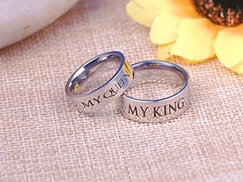 AmDxD Anillo de boda plateado, acero inoxidable, con grabado My Queen and My King, W49 & M61.5, Acero inoxidable, Sin piedras preciosas