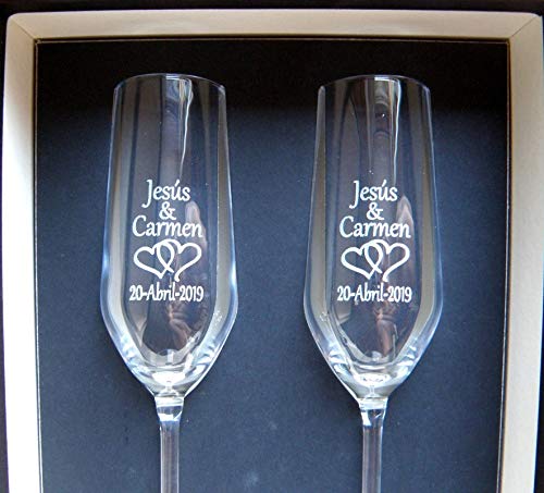 Arte-Deco Copas de Cava grabadas con 2 Corazones y Nombres con Fecha. Regalo Elegante, Bonito y práctico. Además Usted Puede Elegir Cualquier Otro diseño de la Imagen Que se Muestra.