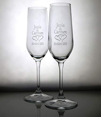 Arte-Deco Copas de Cava grabadas con 2 Corazones y Nombres con Fecha. Regalo Elegante, Bonito y práctico. Además Usted Puede Elegir Cualquier Otro diseño de la Imagen Que se Muestra.