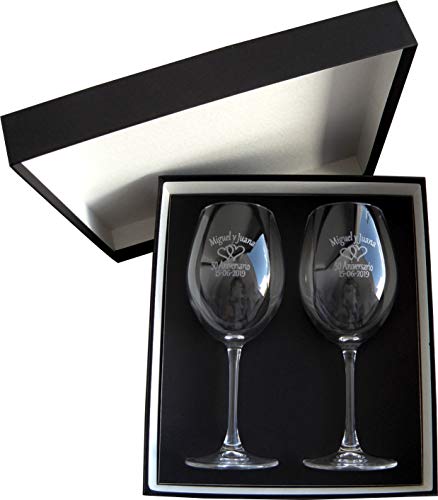 Arte-Deco Copas de Vino grabadas y Personalizadas con el Texto o dedicatoria Que Usted desee, presentadas en Estuche para Regalo.