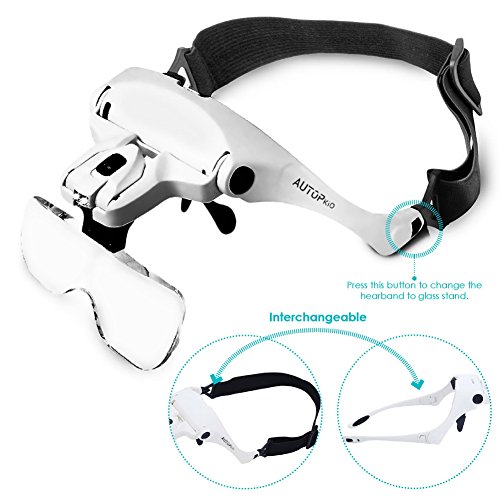 AUTOPkio Lentes de aumento, Lupa con luz 2 LED, Lupas de Gran Aumento para Modelismo, Reparaciones, Coser, Joyería y Relojería, intercambiables 5 lentes 1.0X, 1.5X, 2.0X, 2.5X, 3.5X (Blanco)