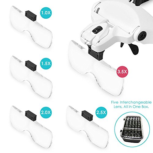 AUTOPkio Lentes de aumento, Lupa con luz 2 LED, Lupas de Gran Aumento para Modelismo, Reparaciones, Coser, Joyería y Relojería, intercambiables 5 lentes 1.0X, 1.5X, 2.0X, 2.5X, 3.5X (Blanco)