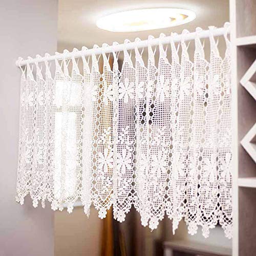 AWJ Cenefa de Cortina de Ventana Transparente de Encaje Floral Blanco, Cortina Corta de Tratamiento de Ventana con pestaña Superior, para Cocina/Sala de Estar/Dormitorio/Vidrio, Media cort