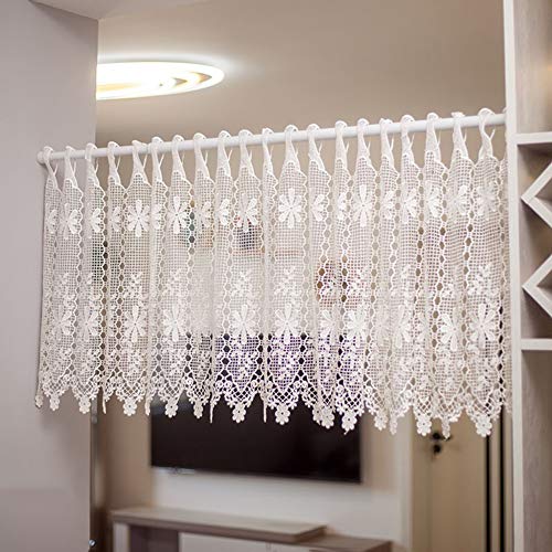 AWJ Cenefa de Cortina de Ventana Transparente de Encaje Floral Blanco, Cortina Corta de Tratamiento de Ventana con pestaña Superior, para Cocina/Sala de Estar/Dormitorio/Vidrio, Media cort