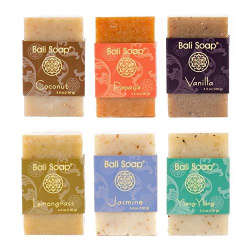 Bali Soap - Juego de regalo de barra de jabón natural, jabón facial o corporal, paquete de 6 jabones variados (coco, papaya, vainilla, limoncillo, jazmín, ylang-ylang) 3,5 oz cada uno