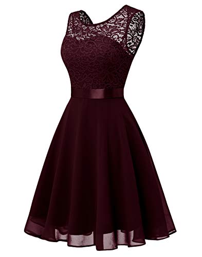 Berylove Mujer Vestido Corto de cóctel Top Falda de Encaje Columpio de Gasa para Boda de Bola BLP7005Burgundy XL