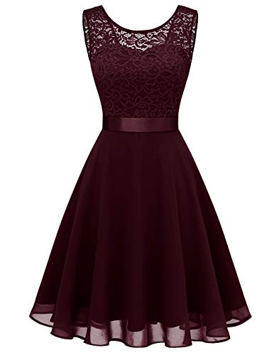 Berylove Mujer Vestido Corto de cóctel Top Falda de Encaje Columpio de Gasa para Boda de Bola BLP7005Burgundy XL