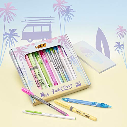 BIC Pastel Dream Kit - 3 Bolígrafos Gel-ocity Quick Dry/4 Rotuladores Intensity Medium/4 Marcadores Pastel/ 4 Bolígrafos/ 1 Cuaderno - Caja de Regalo con 16 uds.