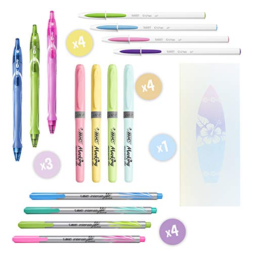 BIC Pastel Dream Kit - 3 Bolígrafos Gel-ocity Quick Dry/4 Rotuladores Intensity Medium/4 Marcadores Pastel/ 4 Bolígrafos/ 1 Cuaderno - Caja de Regalo con 16 uds.