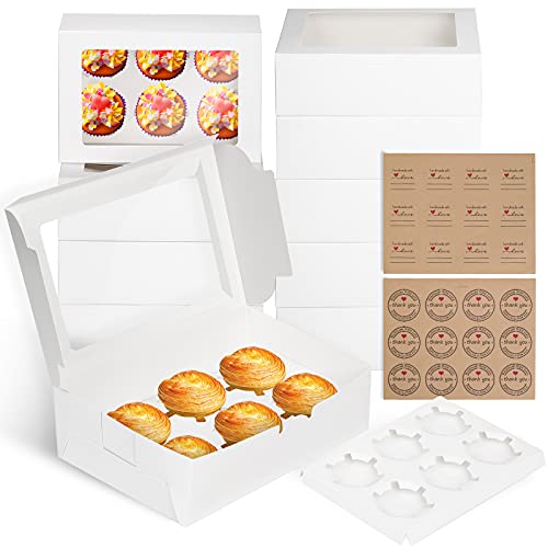 Bigqin Cupcake Boxes Caja de Almacenamiento de 6 Agujeros Cupcake Muffin con 24 Lindas Pegatinas, 10 Piezas