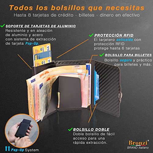 Billetera Hombre BRONZI® - pequeña Carteras para Hombre de Piel - tarjeteros Tarjetas credito con Monedero y Protección - RFID DISEÑO Italiano