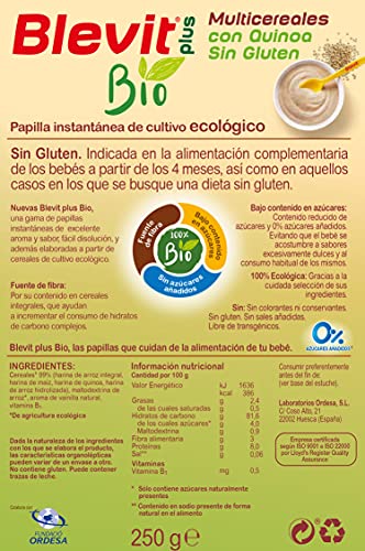 Blevit Plus Bio Multicereales con Quinoa - Papilla de Cereales para Bebé 100% Ecológica - Facilita la Digestión solo con Cereales Integrales - Sin Azúcares Añadidos - Desde los 5 meses - 250g