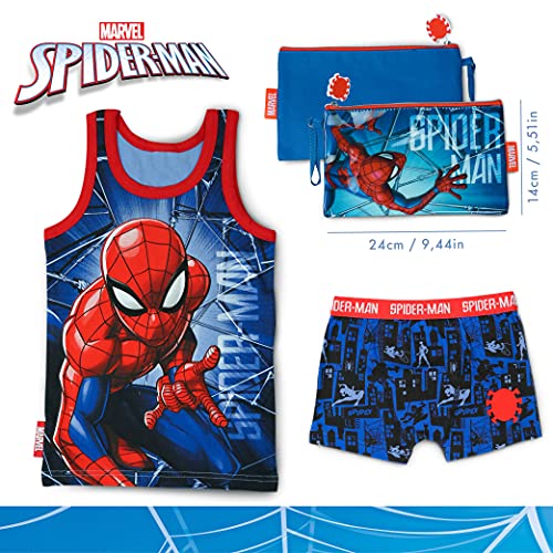 BONNYCO Pijama Niño y Neceser Pequeño Spiderman - Conjunto de Pijama con Camiseta de Tirantes y Pantalón Corto - Incluido Neceser Niño para Guardar Accesorios | Pijamas Niños Verano y Bolsa de Aseo