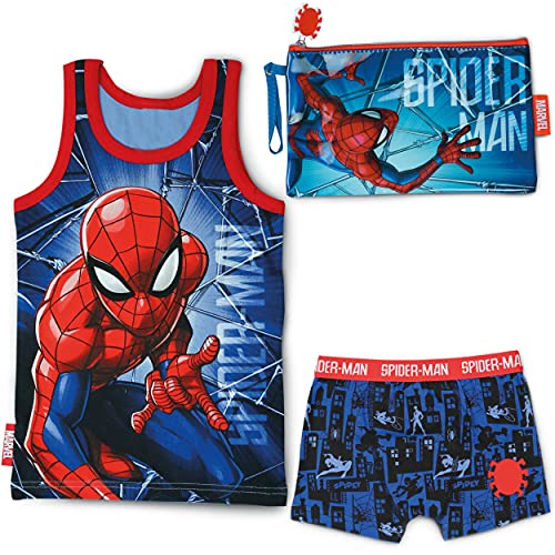 BONNYCO Pijama Niño y Neceser Pequeño Spiderman - Conjunto de Pijama con Camiseta de Tirantes y Pantalón Corto - Incluido Neceser Niño para Guardar Accesorios | Pijamas Niños Verano y Bolsa de Aseo