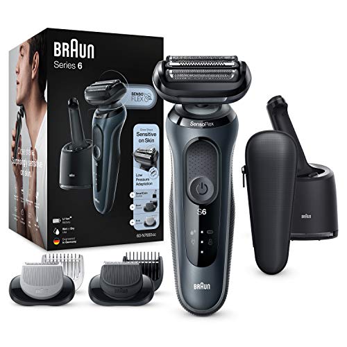 Braun Series 6 Afeitadora Eléctrica y Depiladora Corporal Hombre, Máquina Afeitar Barba, Recortadora de Precisión, Cabezal SensoFlex, Base de Carga, Resistente al Agua, Inalámbrica, 60-N7650 CC, Gris