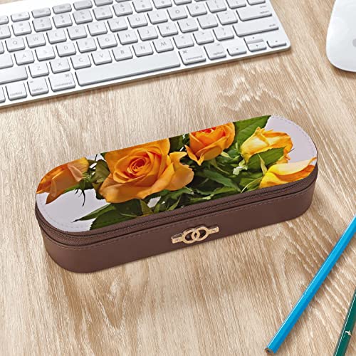 Caja De Lápices Ramo De Rosas Amarillas Rosas Fragantes Flores Grandes Estuche De Lápices con Cremallera Estuche De Lápices Personalizado De Cuero Estuche De Lápices De Arte Multifunción para La Escu