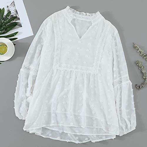 Camisas Blancas con Cuello En V para Mujer, Camisa Informal Elegante De Manga Larga Suelta para Mujer, Blusas De Encaje para Mujer para Otoño Primavera