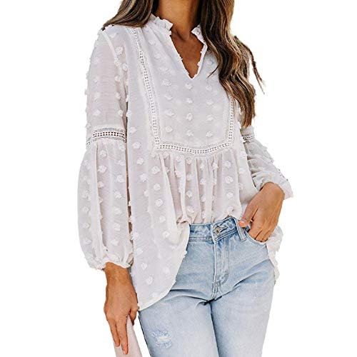 Camisas Blancas con Cuello En V para Mujer, Camisa Informal Elegante De Manga Larga Suelta para Mujer, Blusas De Encaje para Mujer para Otoño Primavera