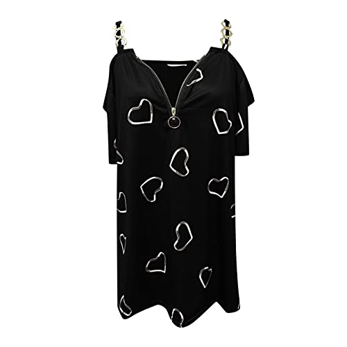 Camisetas de mujer con estampado de corazones: blusa con hombros para mujer, de manga corta, sexy, elegante, de manga corta, tallas grandes, túnica, Negro , XXL