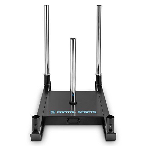 CapitalSports Sledster - Trineo Entrenamiento, Trineo Fitness con Varillas de Empuje Verticales, Barra Central de 50mm, para Pesas con Orificio de 50,4mm, Acero Macizo, Peso 29 kg, Negro