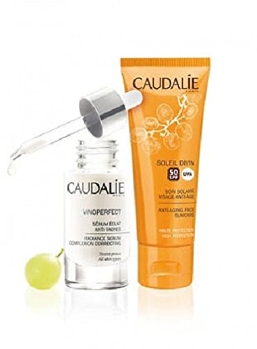 Caudalie - Set de 2 sueros faciales antimanchas Vinoperfect de 30 ml + 2 cremas faciales de protección solar Soleil Divin de 40 ml