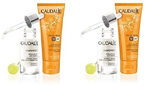 Caudalie - Set de 2 sueros faciales antimanchas Vinoperfect de 30 ml + 2 cremas faciales de protección solar Soleil Divin de 40 ml