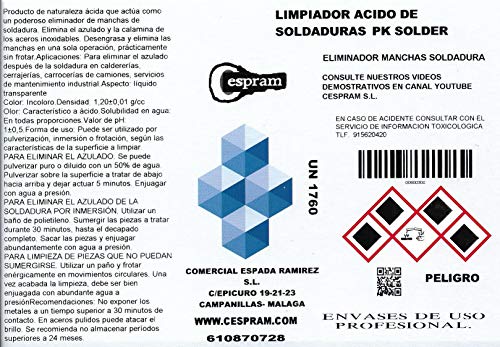 CESPRAM, Eliminador y limpiador de manchas de soldadura en acero inoxidable. PK Solder. Envase de 1 litro.