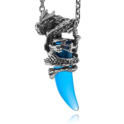 CESUO Acero Inoxidable Colgante Collar Cristal Plata Azul Dragon Lobo Diente Hombre ,Cadena 58cm