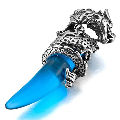 CESUO Acero Inoxidable Colgante Collar Cristal Plata Azul Dragon Lobo Diente Hombre ,Cadena 58cm