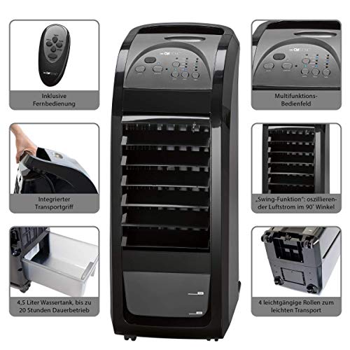 Clatronic LK 3742 - Refrigerador de Aire 3 en 1, 70 W, Enfriador de Aire, humidificador, purificador de Aire, 4 Ruedas para Uso móvil, Color Negro