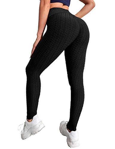 CMTOP Leggings Push Up Mujer Mallas Panal Arrugado Pantalones Deportivos Alta Cintura Elásticos Yoga Leggings Mujer Fitness Suaves Elásticos Cintura Alta (Negro, S)